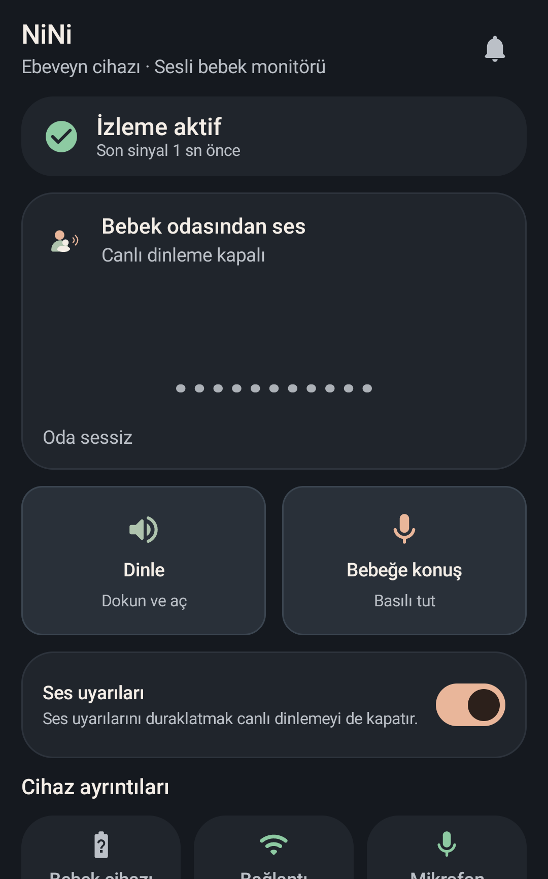 NiNi parent screen in Turkish with listening and push-to-talk controls and sample monitoring status.