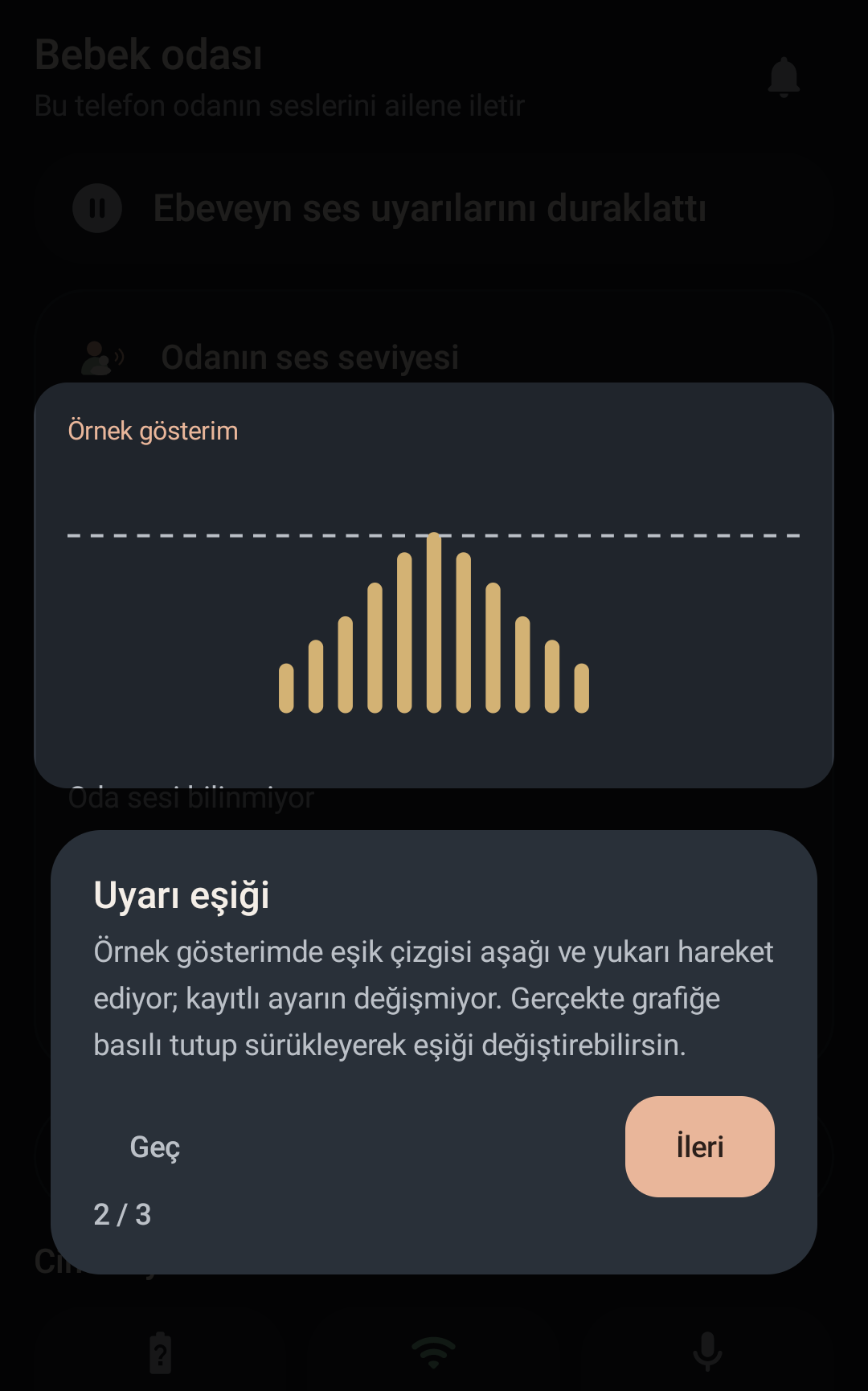 NiNi sound threshold walkthrough in Turkish, with a sample yellow sound graph and dashed threshold line.