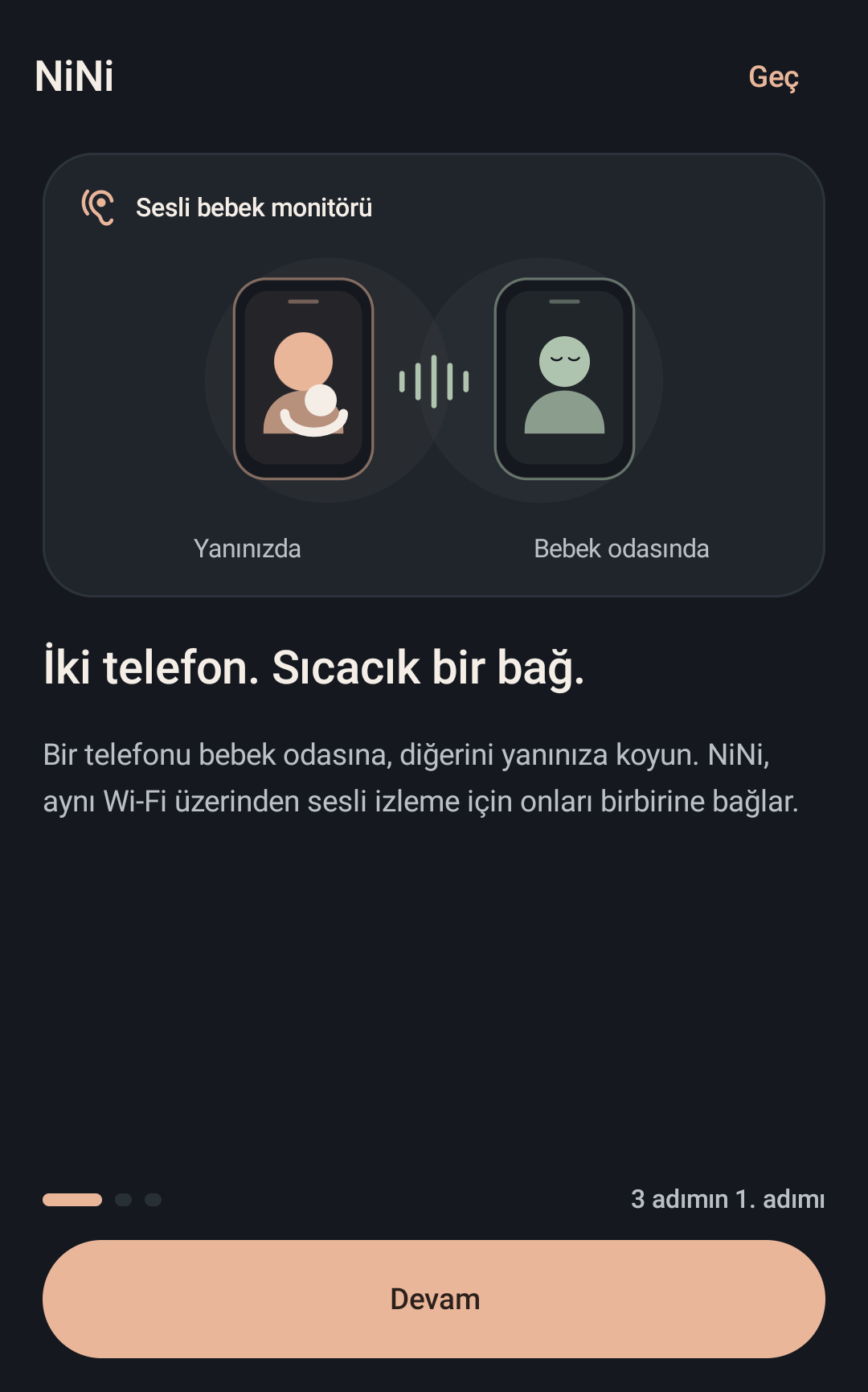 NiNi welcome screen in Turkish introducing the baby phone and parent phone roles.